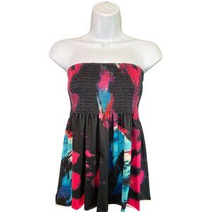 Womens Smocked Halter Top L Strapless Multicolor Abstract Boho Hippie Y2K